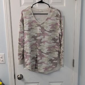Z Supply Pink and Gray Camouflage Long Sleeve V-Neck Top